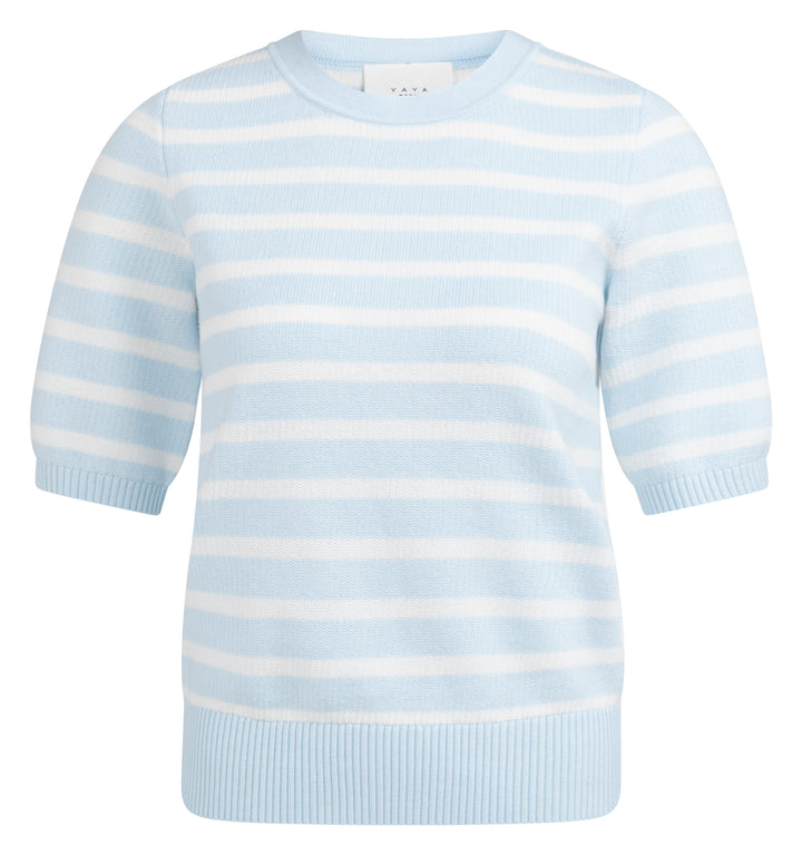 YAYA Textured Stripe Short Sleeve Sweater - Ice Blue