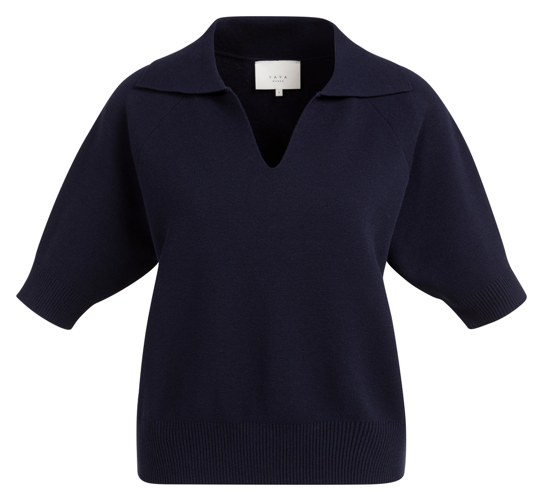 YAYA Short Sleeve Sweater With Collar - Navy Blazer