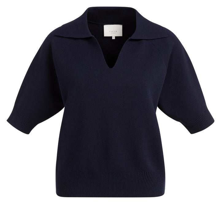 YAYA Short Sleeve Sweater With Collar - Navy Blazer
