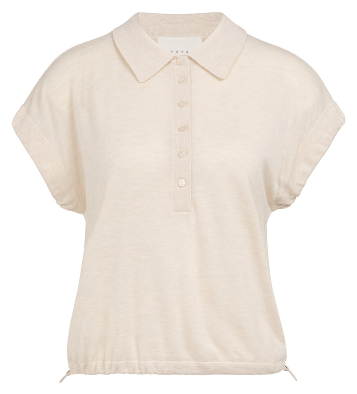 YAYA Knitted Polo w/ Cord At Bottom Hem - Cloud Creme