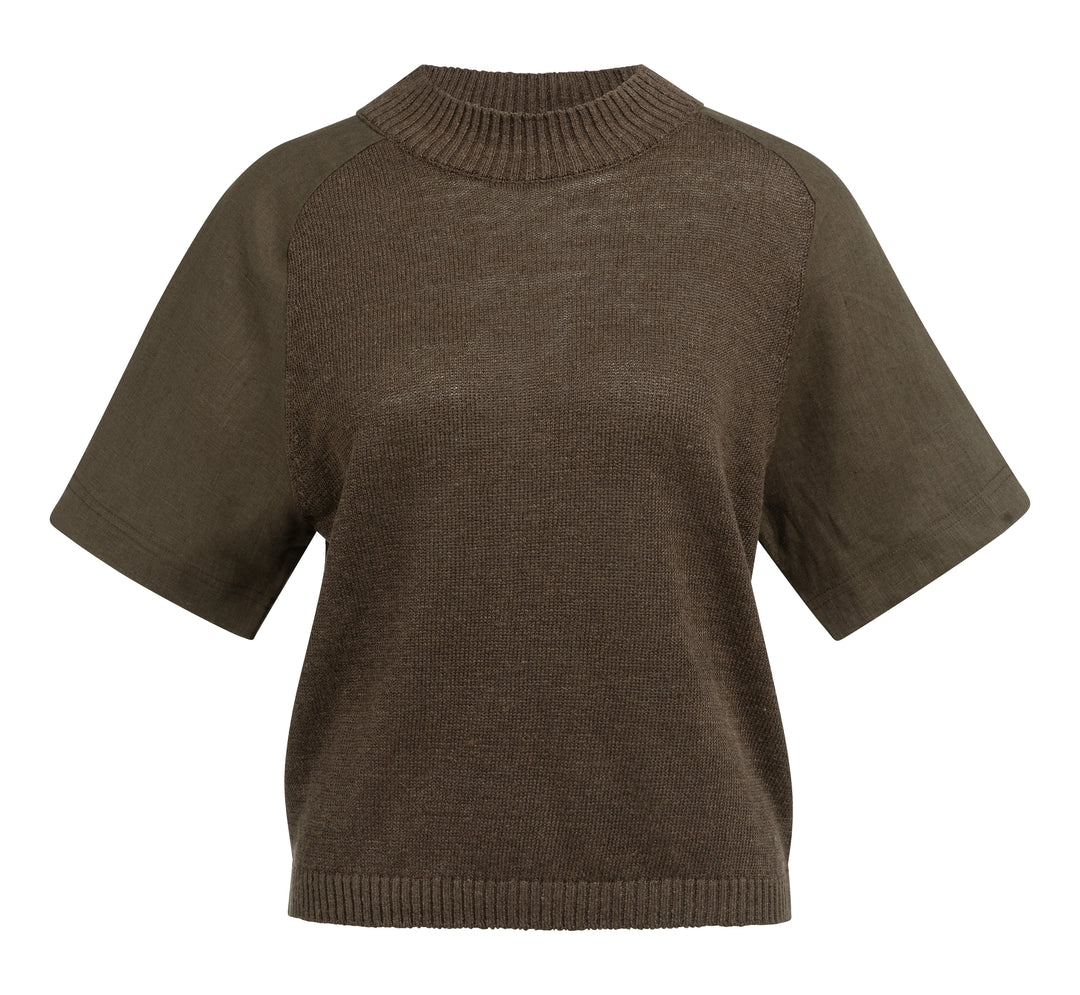 YAYA Knitted Sweater With Woven Short Sleeve Detail - Brown