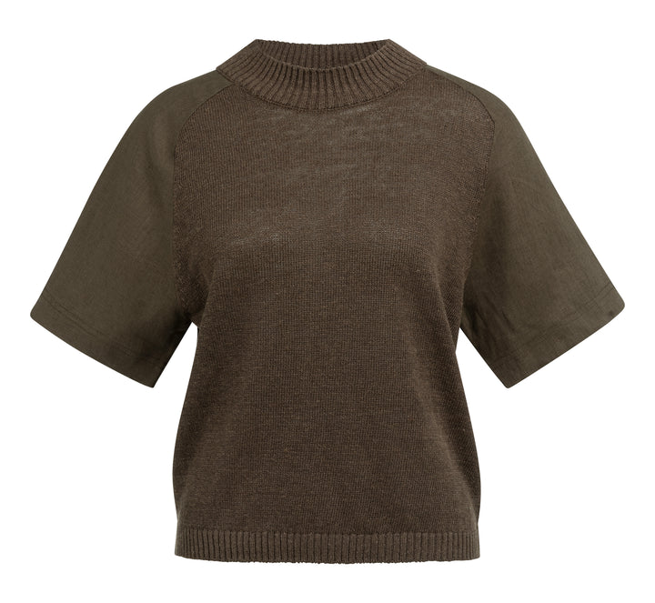 YAYA Knitted Sweater With Woven Short Sleeve Detail - Brown
