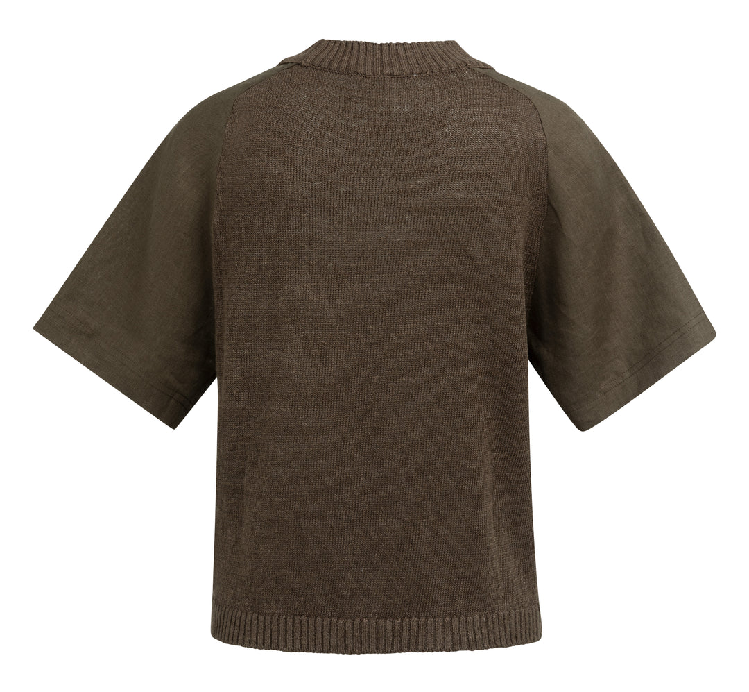YAYA Knitted Sweater With Woven Short Sleeve Detail - Brown