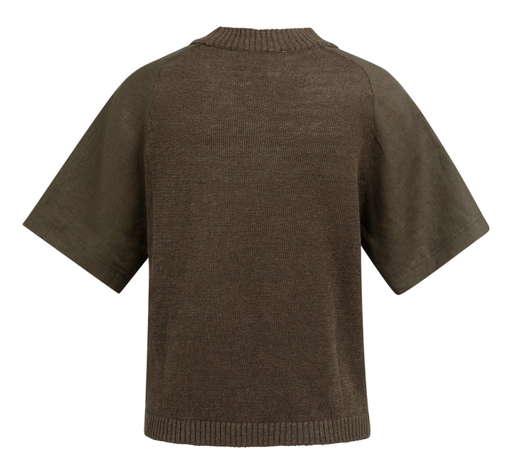 YAYA Knitted Sweater With Woven Short Sleeve Detail - Brown