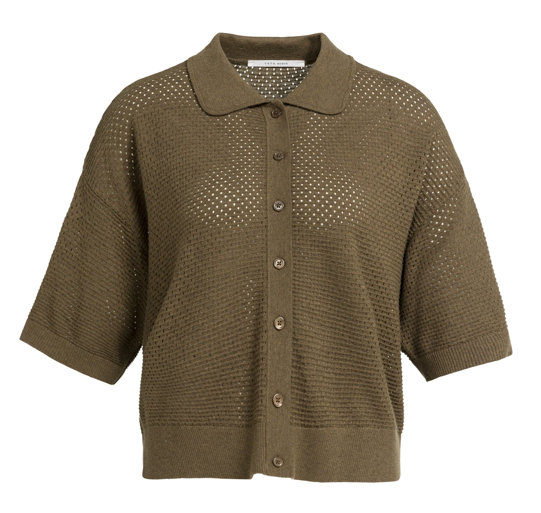 YAYA Mesh Stitch Short Sleeve Cardigan - Teak Brown