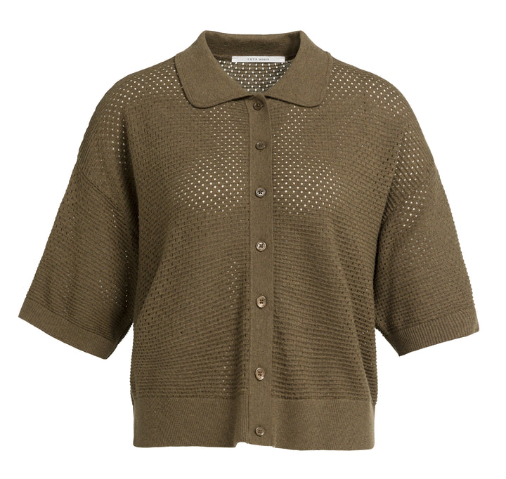 YAYA Mesh Stitch Short Sleeve Cardigan - Teak Brown
