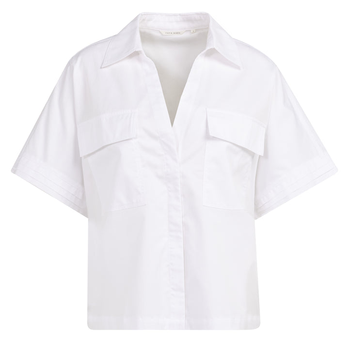 YAYA Boxy Blouse With Pockets and Pleated Cuff - White