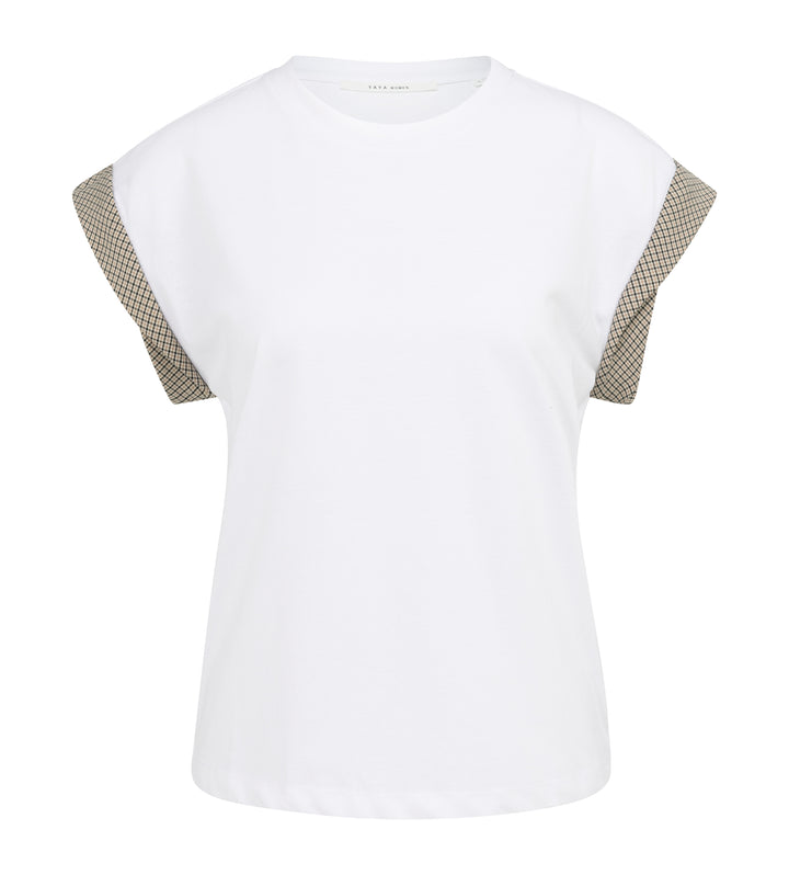 YAYA Jersey Top With Woven Cuff Detail - White
