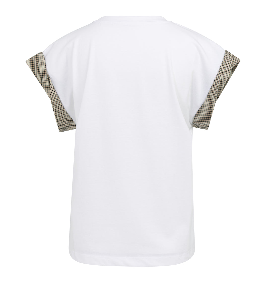 YAYA Jersey Top With Woven Cuff Detail - White