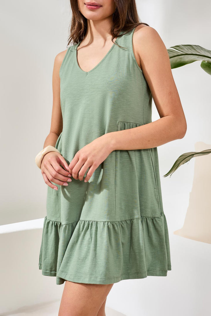Tribal Sleeveless V Neck Dress - Moss