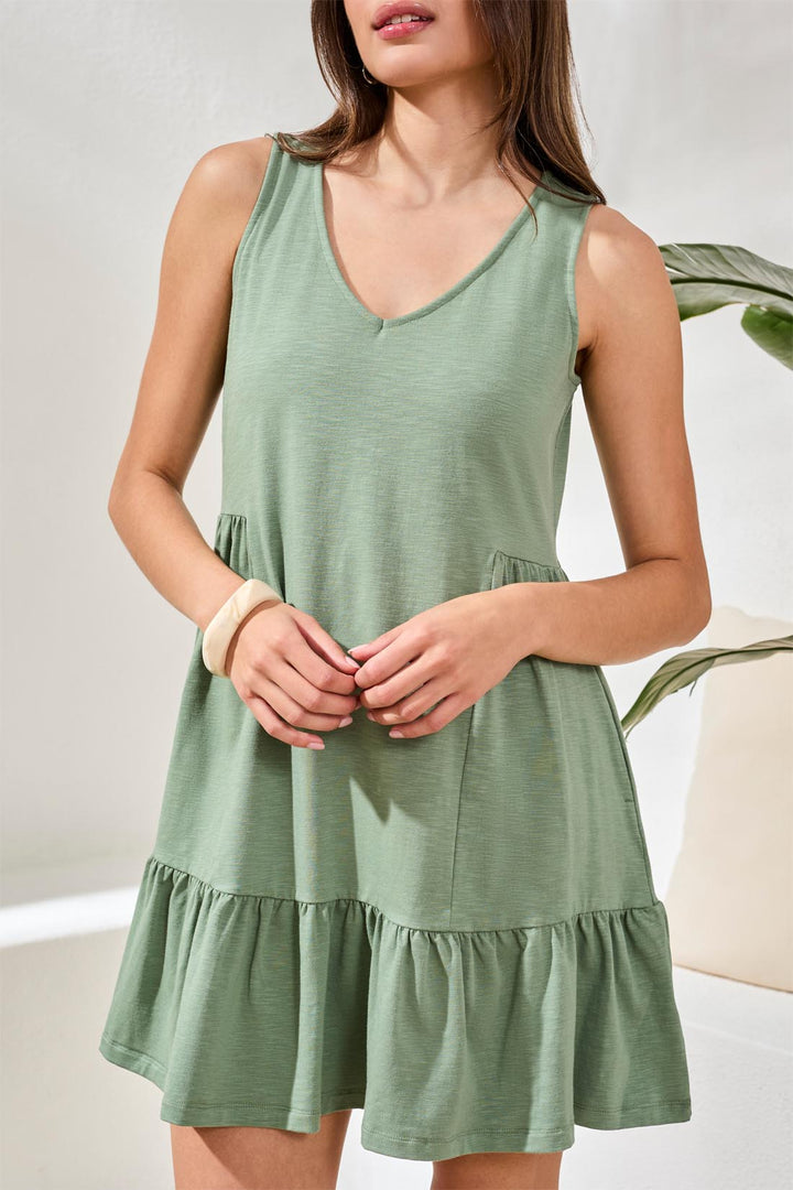 Tribal Sleeveless V Neck Dress - Moss