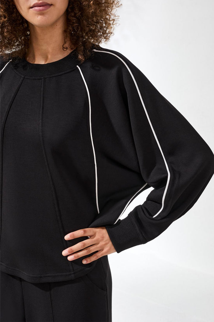 Tribal Crew Neck Dolman Top W/Piping - Black