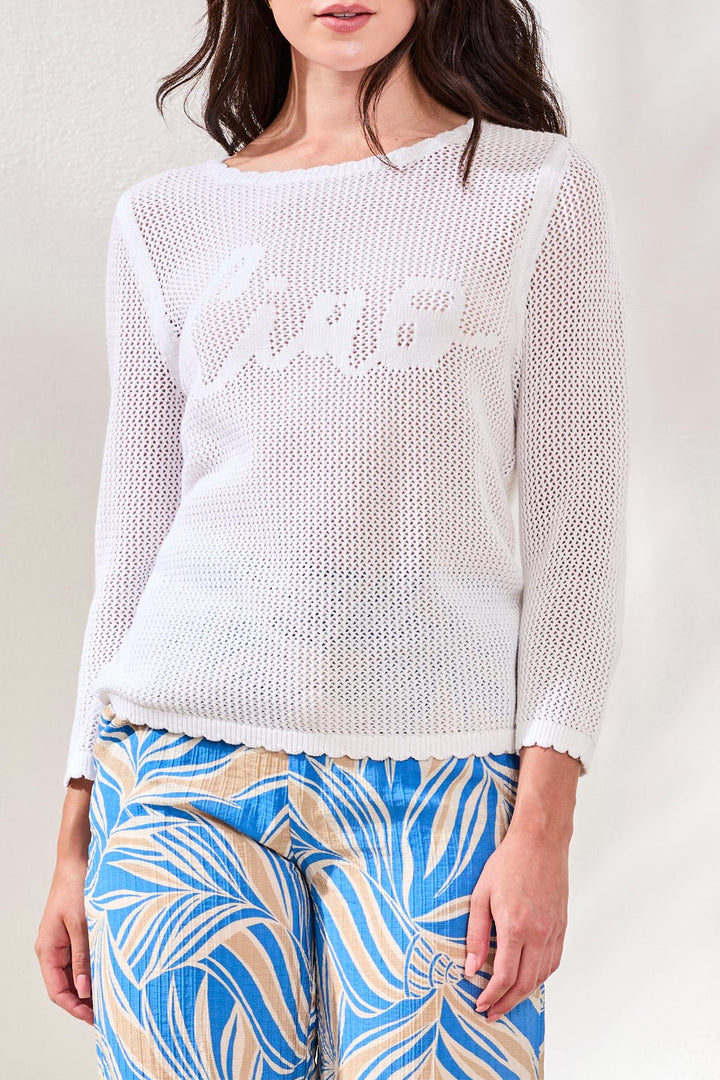Tribal 3/4 Sleeve Crewneck Sweater - White
