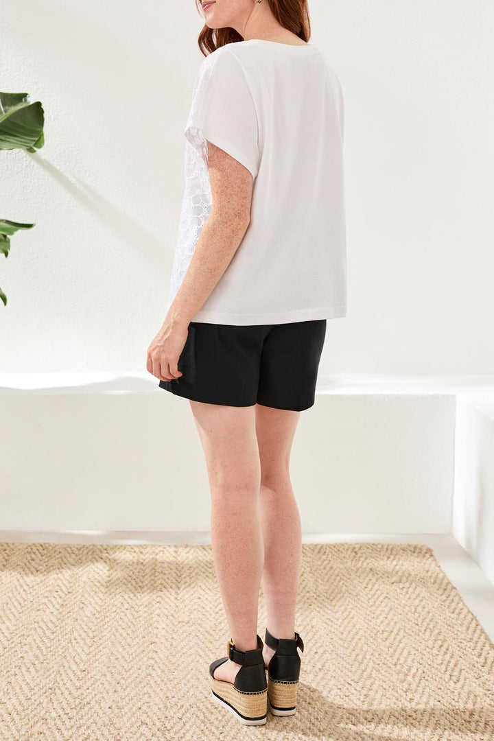 Tribal Cap Sleeve Crew Neck Top - White