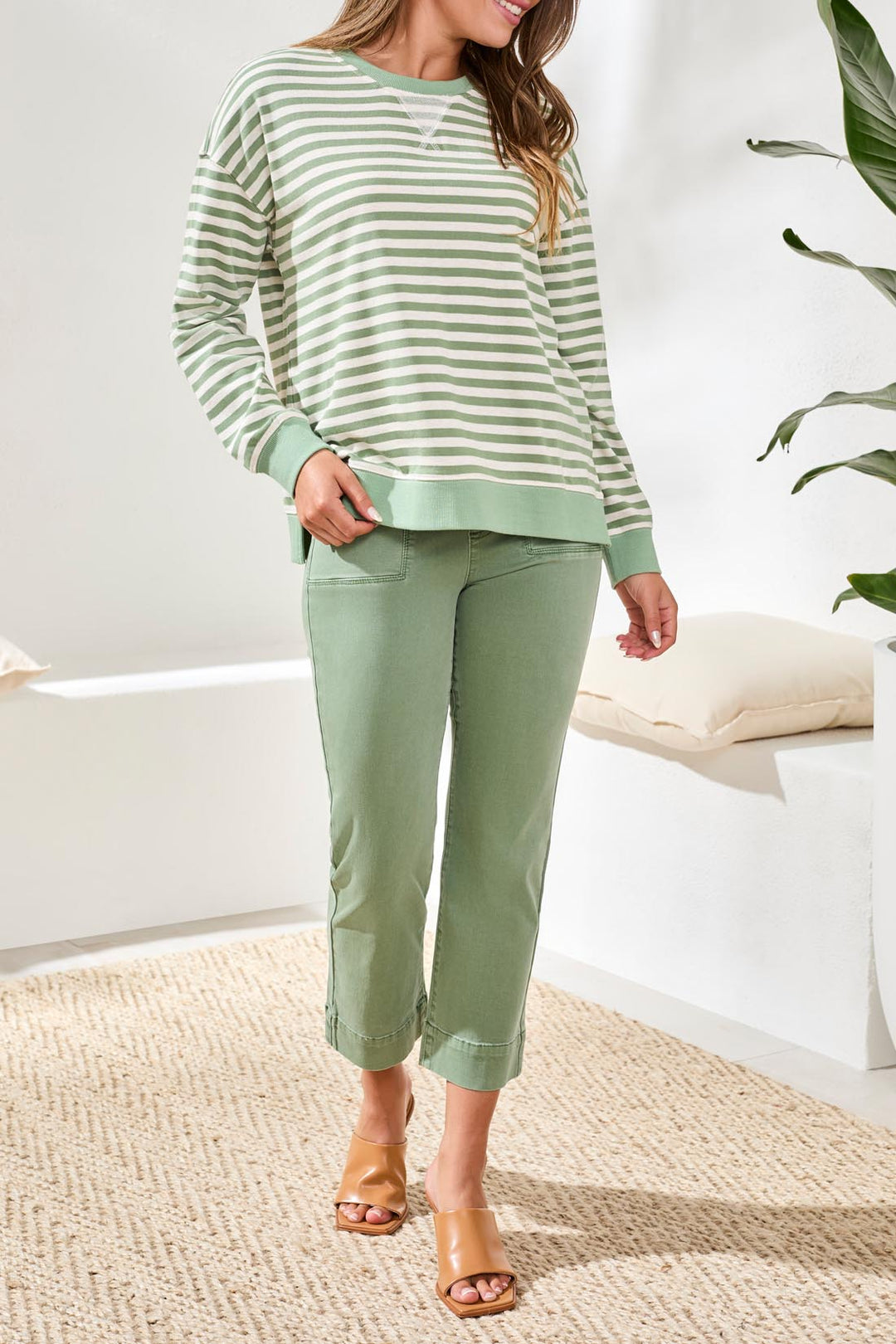 Tribal Long Sleeve Crewneck Top - Moss