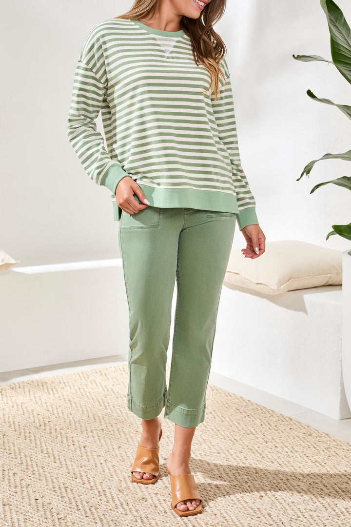 Tribal Long Sleeve Crewneck Top - Moss