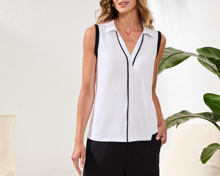 Tribal Sleeveless Johnny Collar Top - White