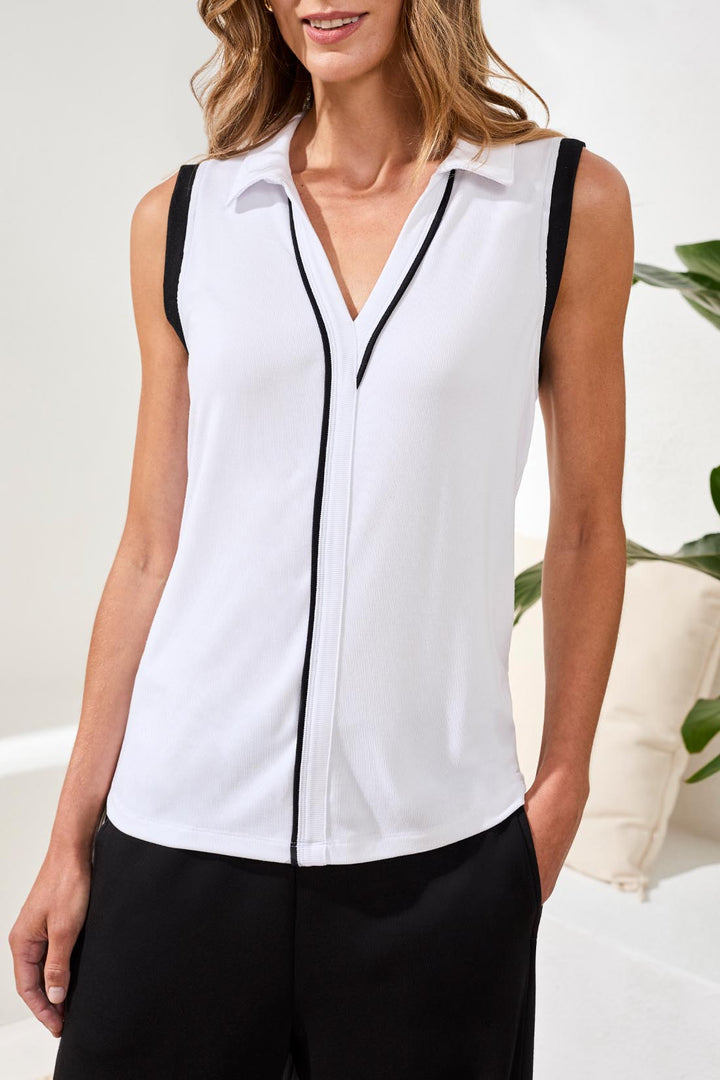 Tribal Sleeveless Johnny Collar Top - White