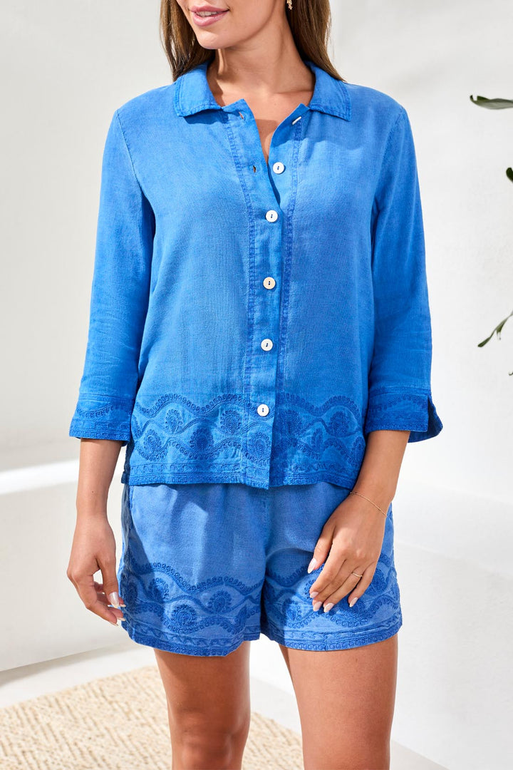 Tribal 3/4 Sleeve Button Front Blouse - Turkish Sea