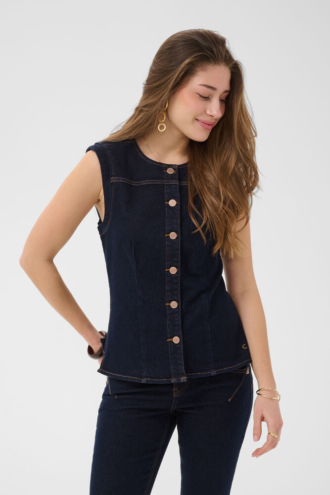 Cream Damy Denim Waistcoat - Cape Breton Rinse Blue Denim