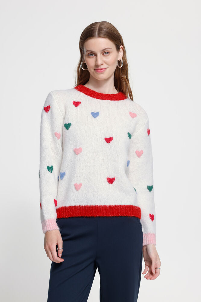 ICHI Belablue Sweater - Cloud Dancer w/ Hearts