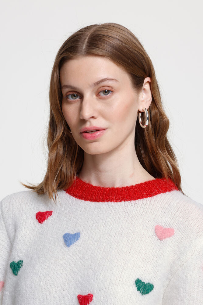 ICHI Belablue Sweater - Cloud Dancer w/ Hearts