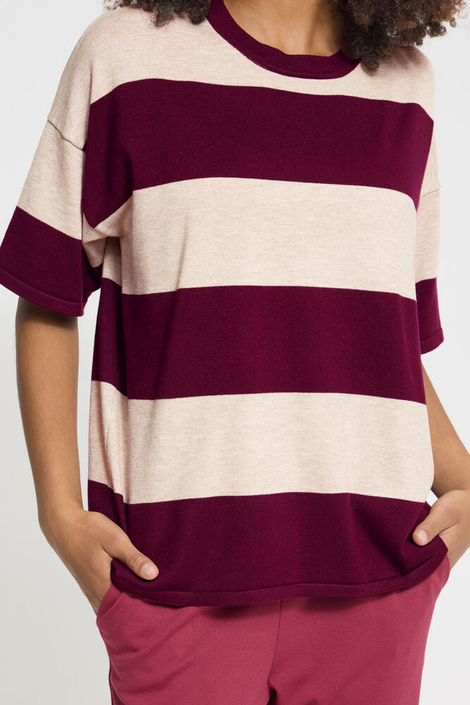 ICHI Luls Loose Tee - Wide Stripe Red