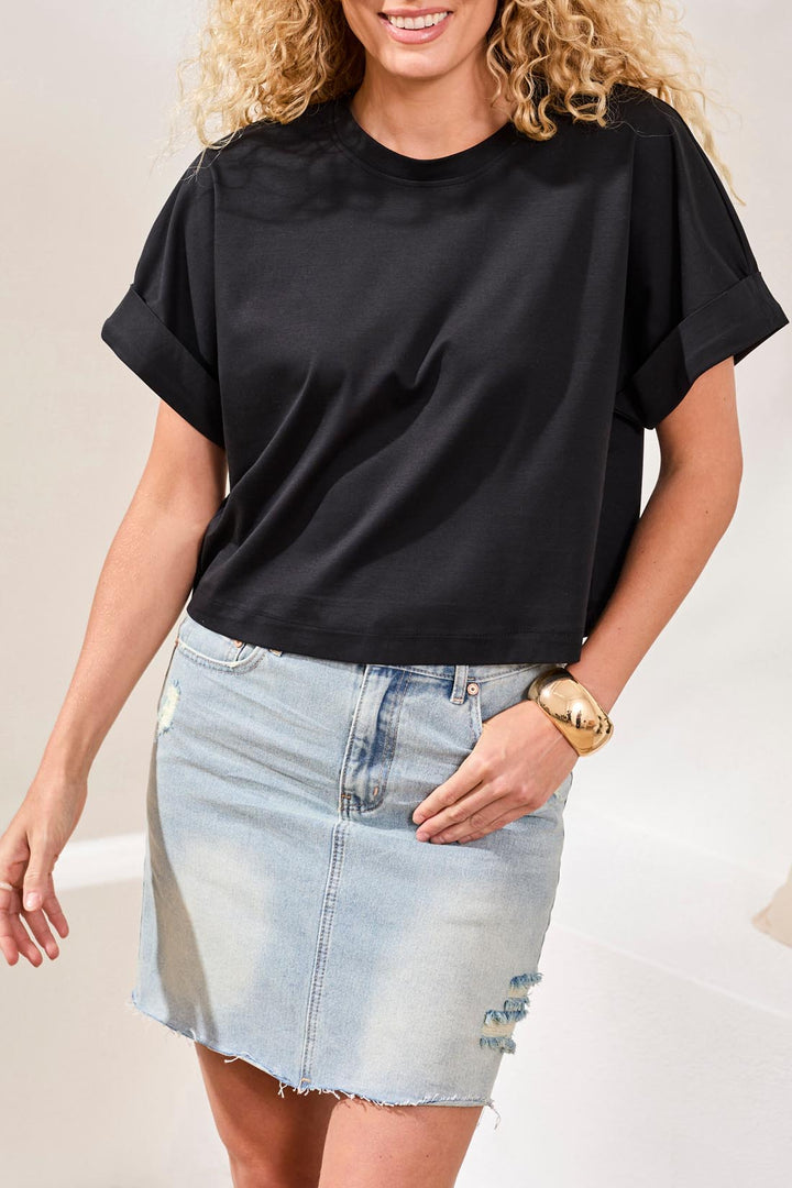 Tribal Crew Neck T-Shirt W/Turn up Sleeve - Black