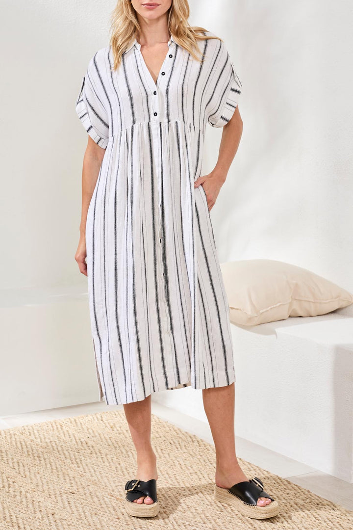 Tribal Flowy Shirt Dress W/ Slit & Hidden Placket - White