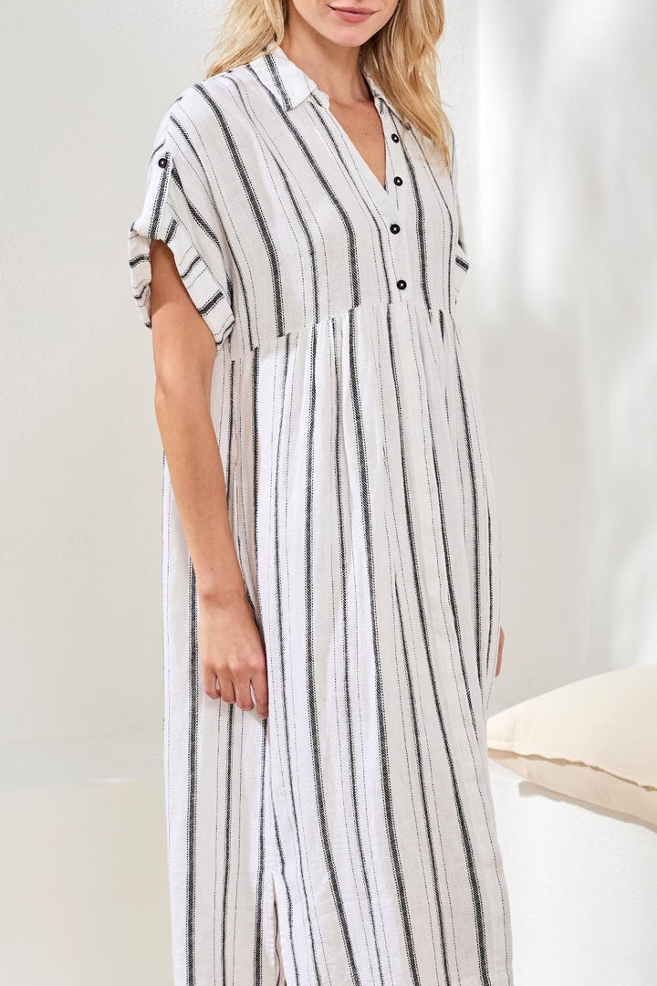 Tribal Flowy Shirt Dress W/ Slit & Hidden Placket - White