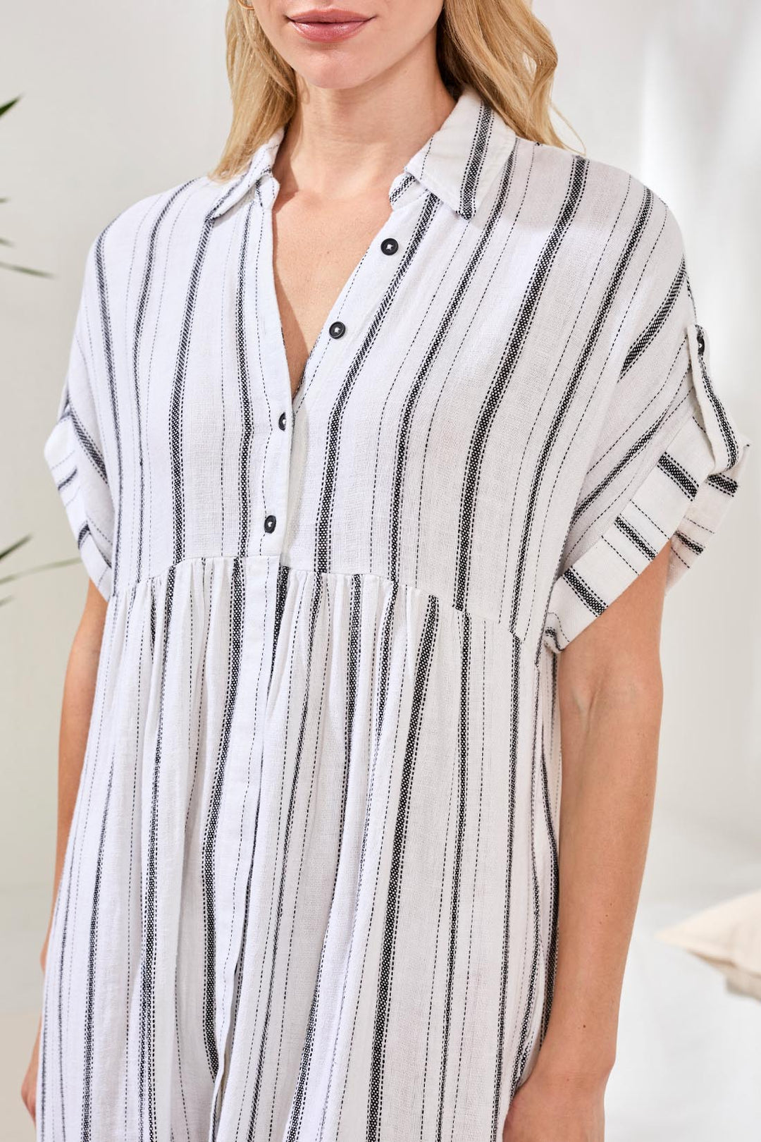 Tribal Flowy Shirt Dress W/ Slit & Hidden Placket - White