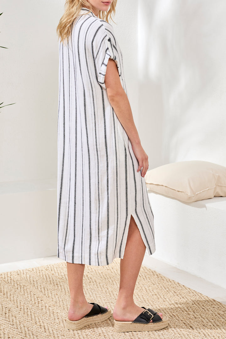 Tribal Flowy Shirt Dress W/ Slit & Hidden Placket - White