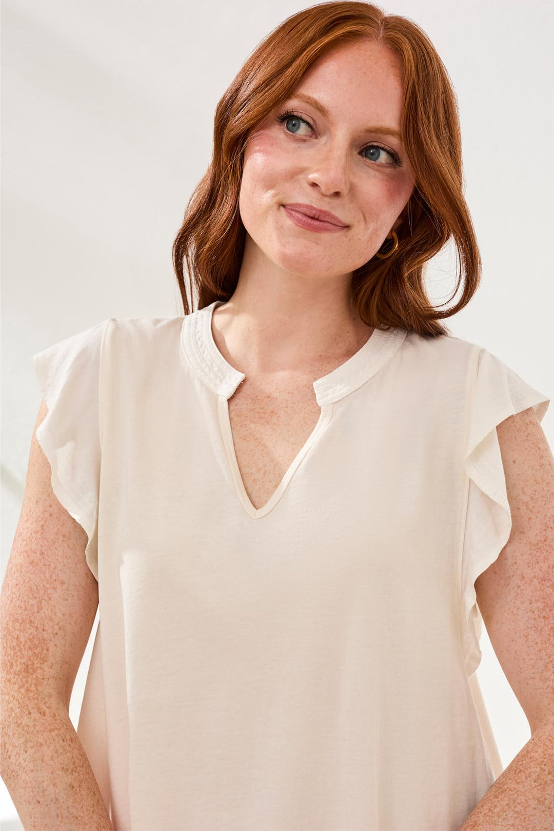 Tribal Mixed Media Ruffle Sleeve V-Neck Top - Eggshell