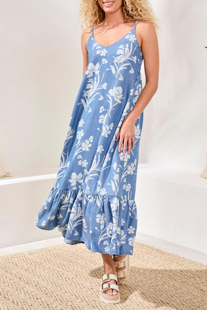 Tribal Maxi Dress w/ Bottom Frill - Blue