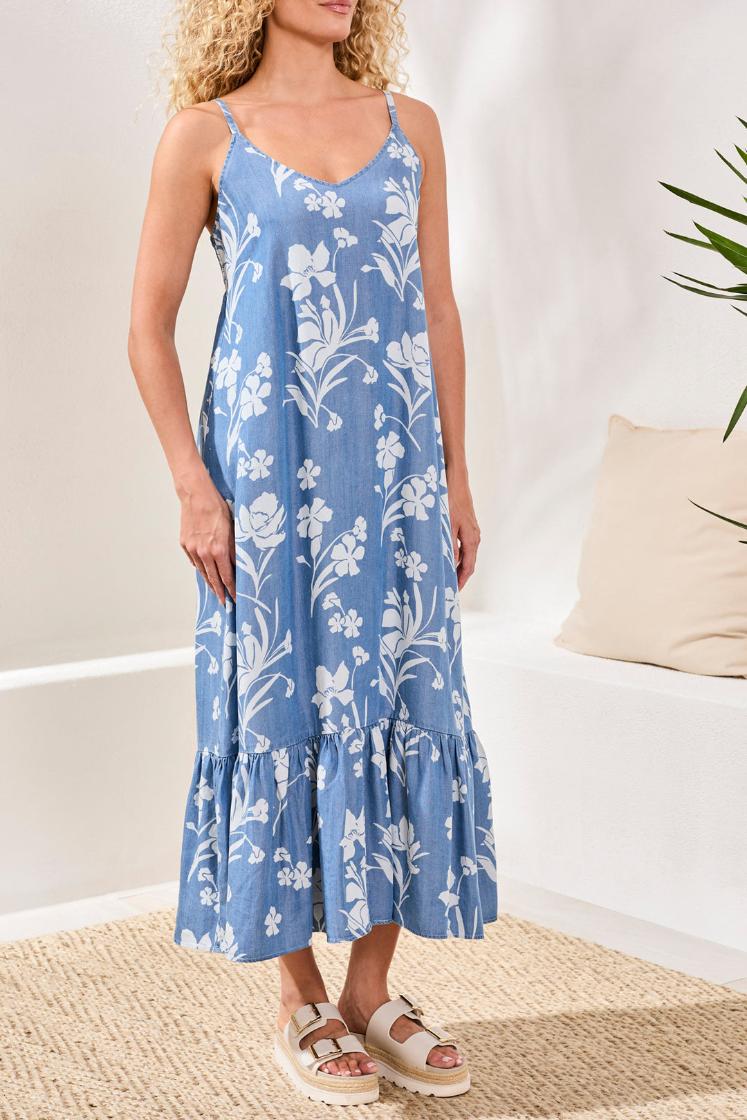 Tribal Maxi Dress w/ Bottom Frill - Blue
