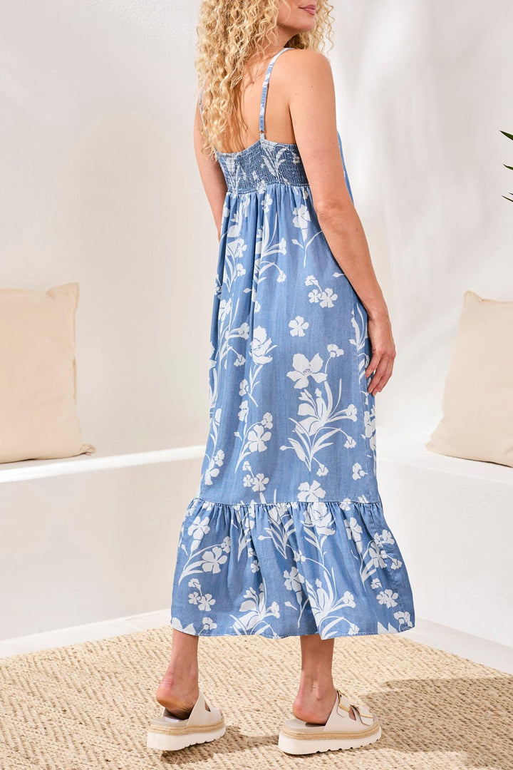 Tribal Maxi Dress w/ Bottom Frill - Blue