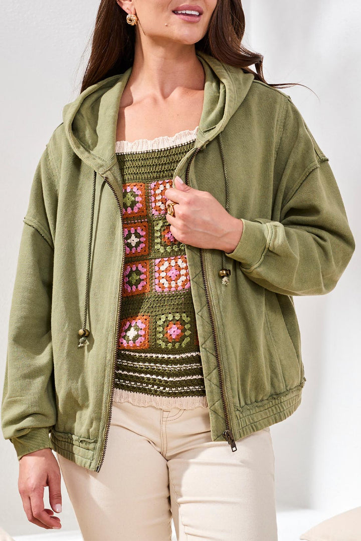 Tribal Puff Slv Zip Up Hoodie W/ Special Wash Effect - Rainforest