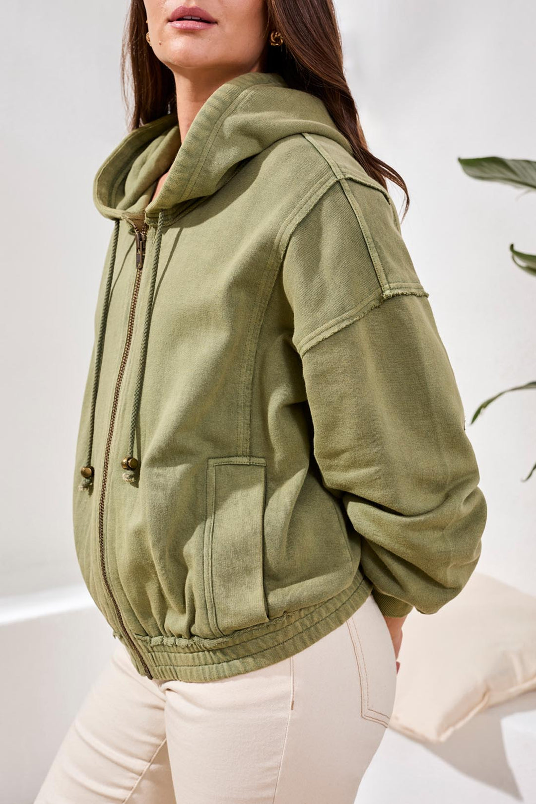 Tribal Puff Slv Zip Up Hoodie W/ Special Wash Effect - Rainforest