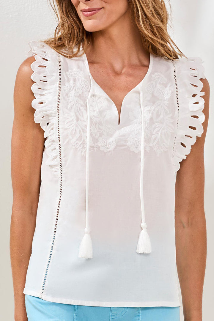 Tribal Frill Sleeve Blouse w/ Embroidery - Ocean Pearl