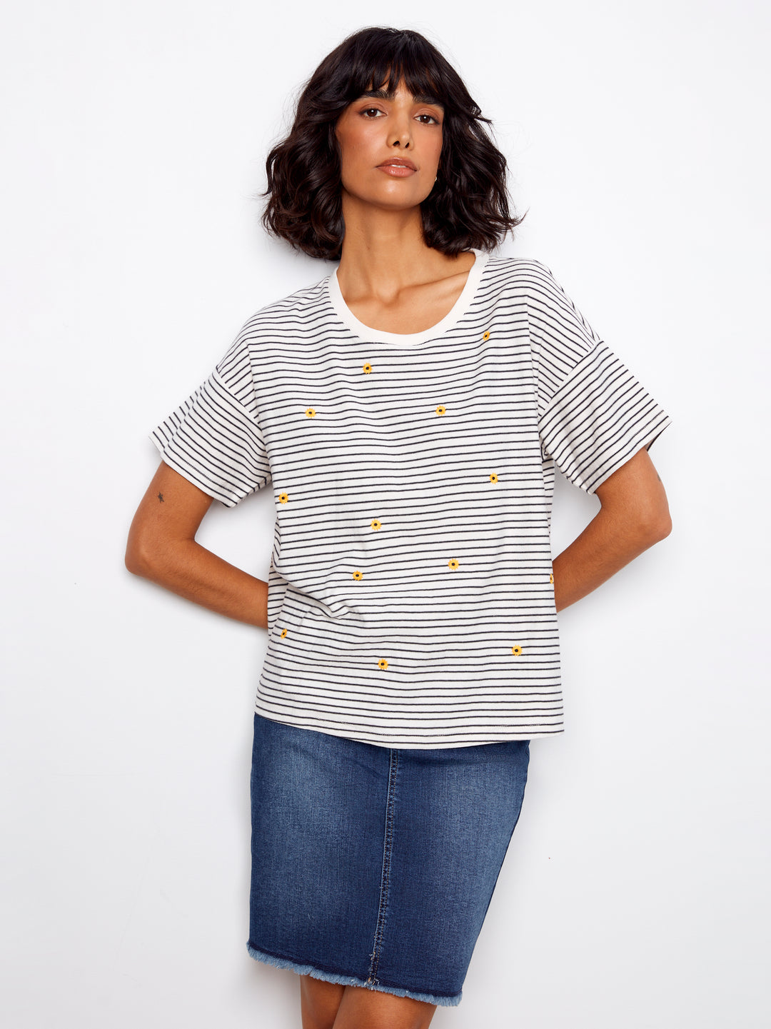 Charlie B Navy Short Sleeve Crew Neck T-Shirt w/ Embroid