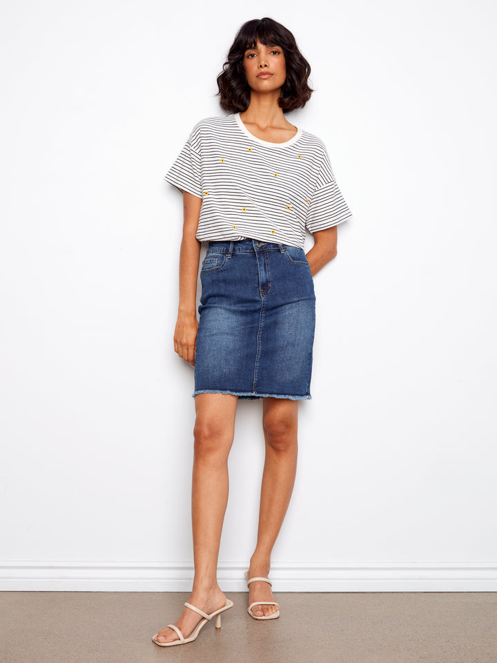 Charlie B Navy Short Sleeve Crew Neck T-Shirt w/ Embroid