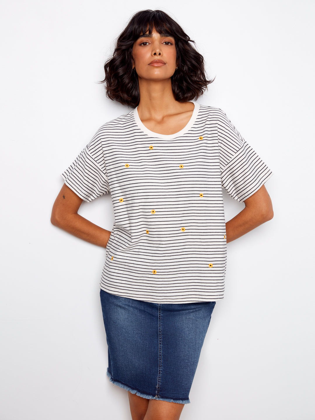 Charlie B Navy Short Sleeve Crew Neck T-Shirt w/ Embroid
