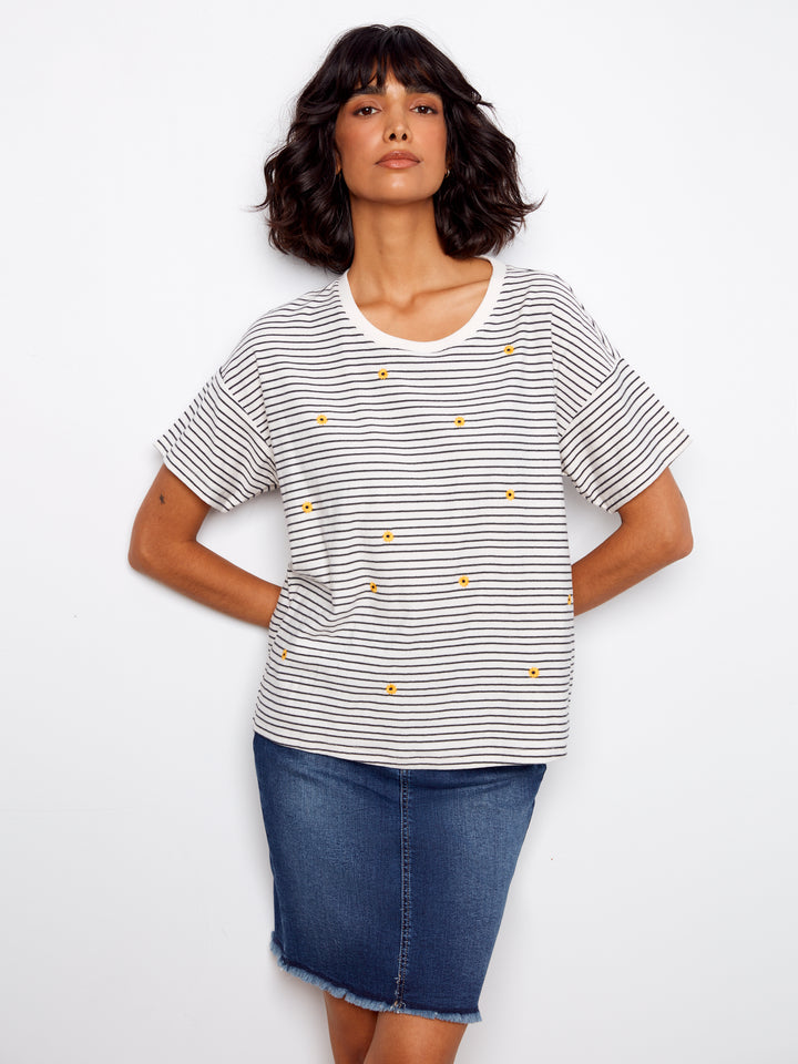 Charlie B Navy Short Sleeve Crew Neck T-Shirt w/ Embroid