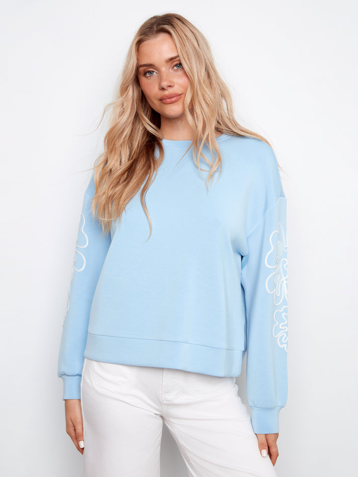 Charlie B Long Sleeve Scuba Top w/ Soutache Detail - Bluebell