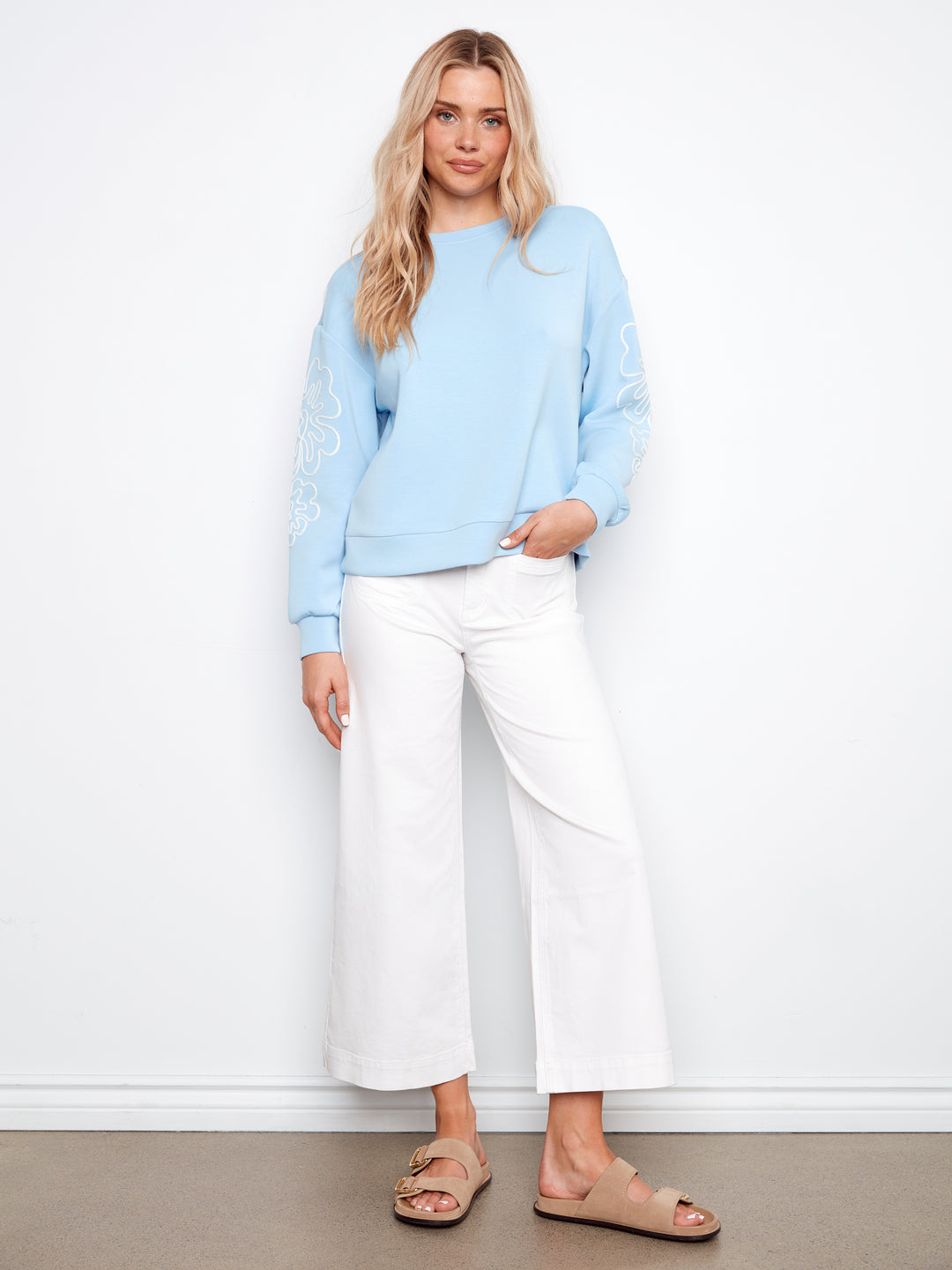Charlie B Long Sleeve Scuba Top w/ Soutache Detail - Bluebell