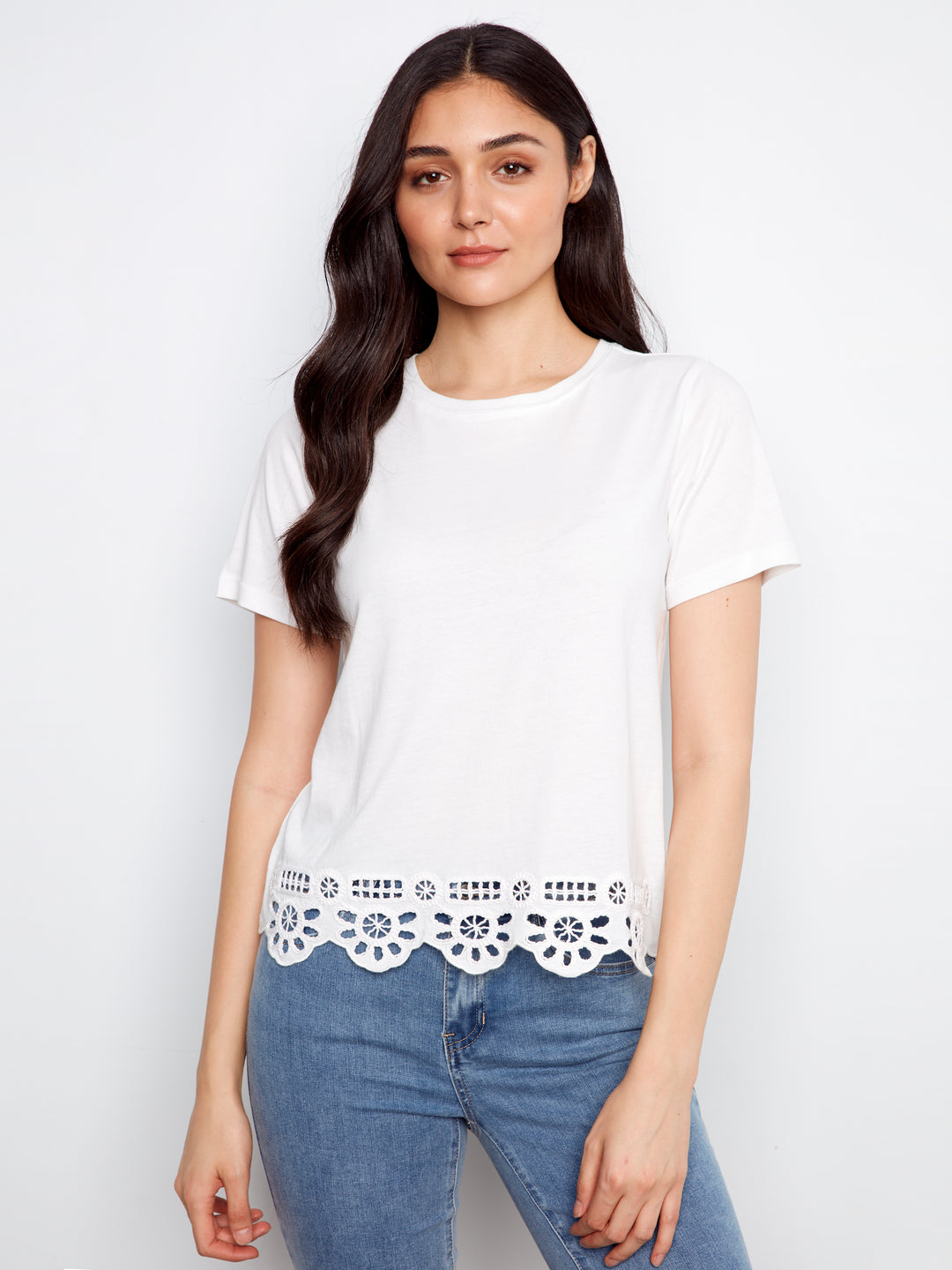 Charlie B Short Sleeve T-Shirt w/ Bottom Hem Embroidery - White