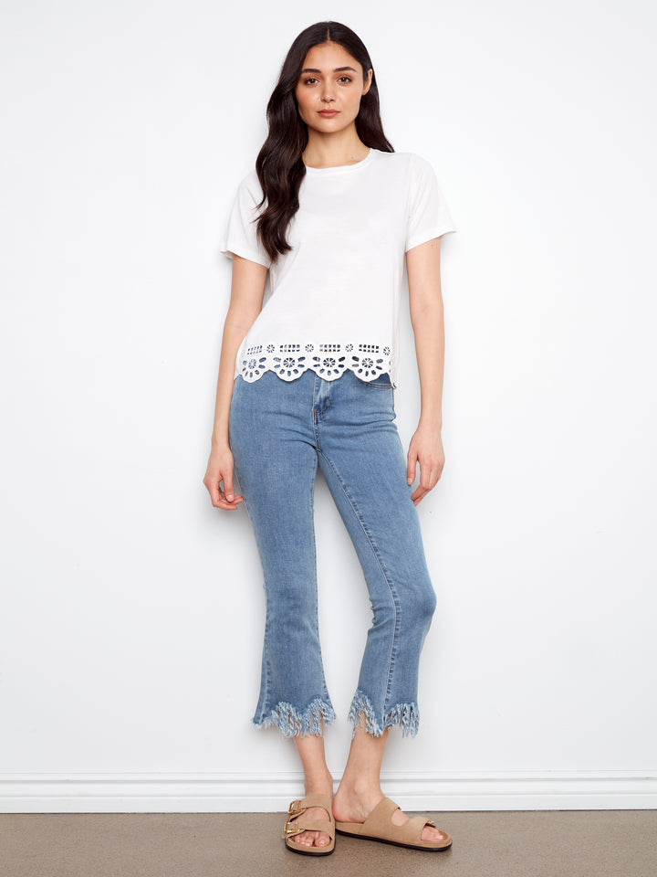 Charlie B Short Sleeve T-Shirt w/ Bottom Hem Embroidery - White