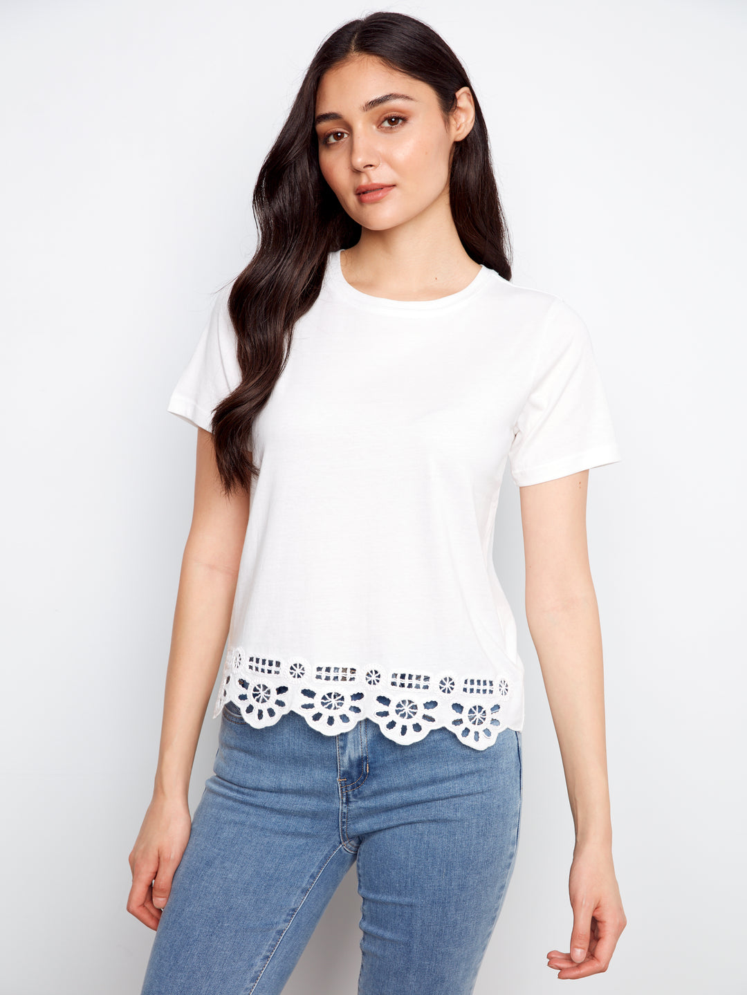 Charlie B Short Sleeve T-Shirt w/ Bottom Hem Embroidery - White