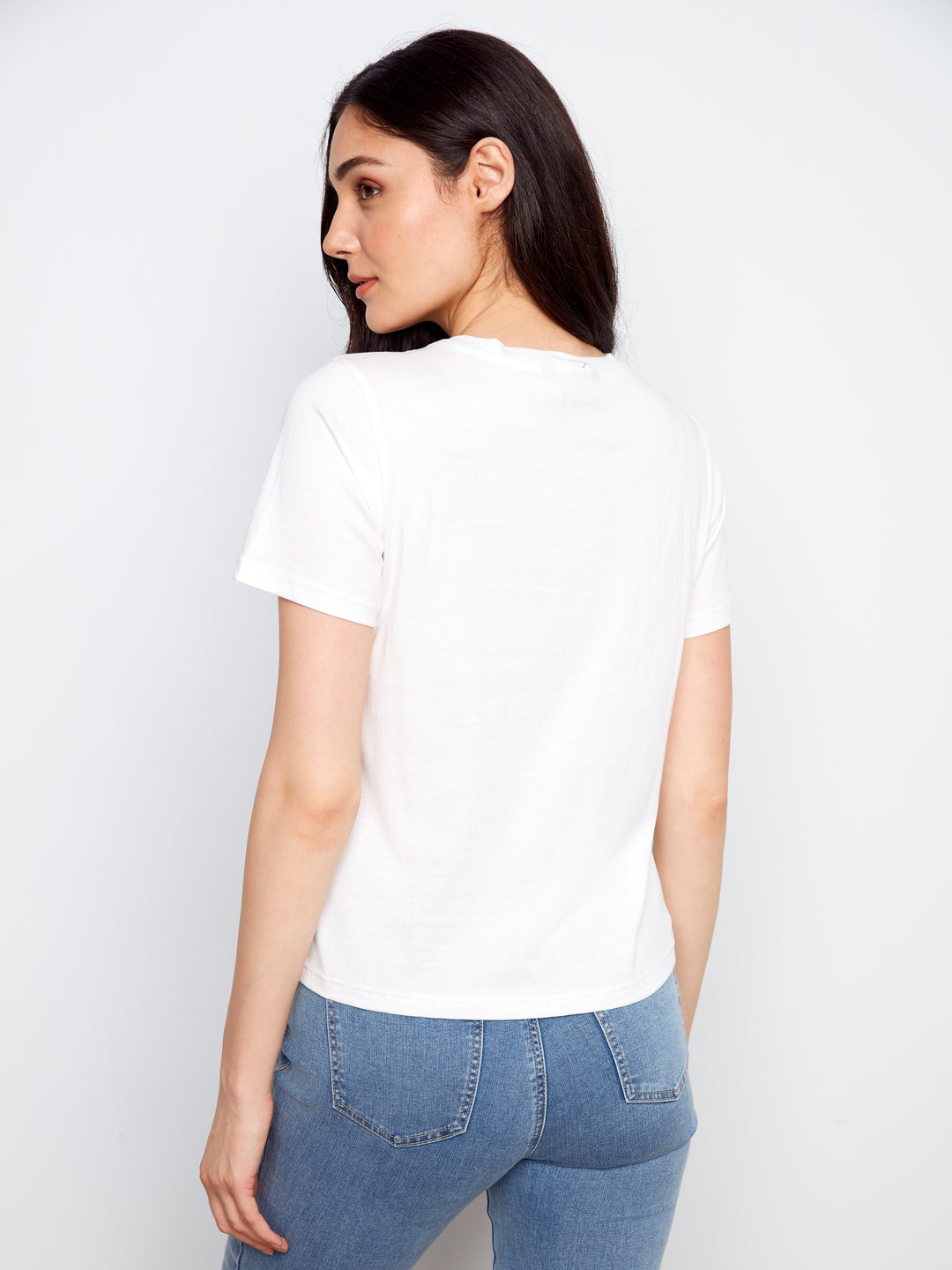 Charlie B Short Sleeve T-Shirt w/ Bottom Hem Embroidery - White