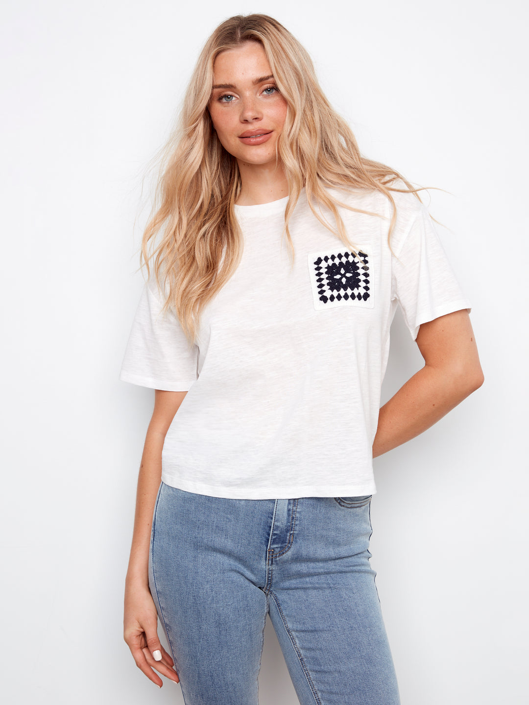 Charlie B Organic Cotton T-Shirt w/ Crochet Chest Pocket - White